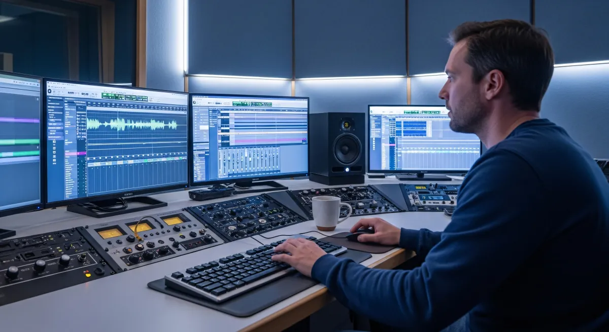 Musikschaffende im Studio arbeiten gemeinsam